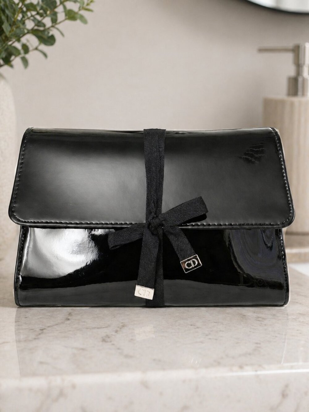 Dior Beauté Patent Leather Cosmetic Bag Black CD Charm Flap Pouch NWOT